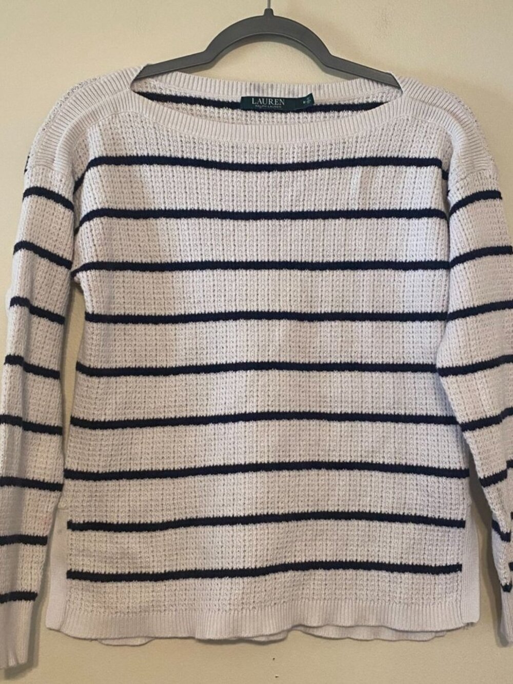 Women's LRL Lauren Ralph Lauren White Navy Blue Striped Thermal Style Tee Medium
